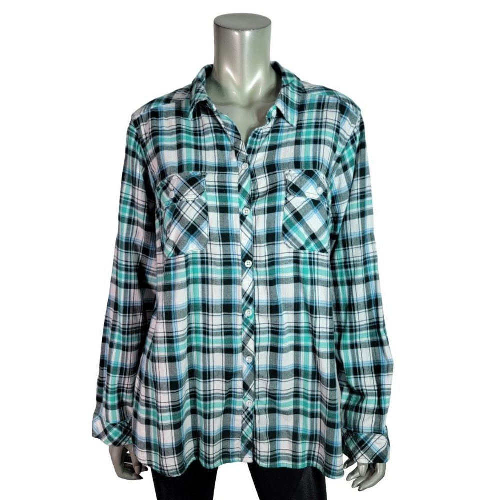 Croft & Barrow Top Plus‎ Size XXL Pockets Collared Plaid Button Down Green